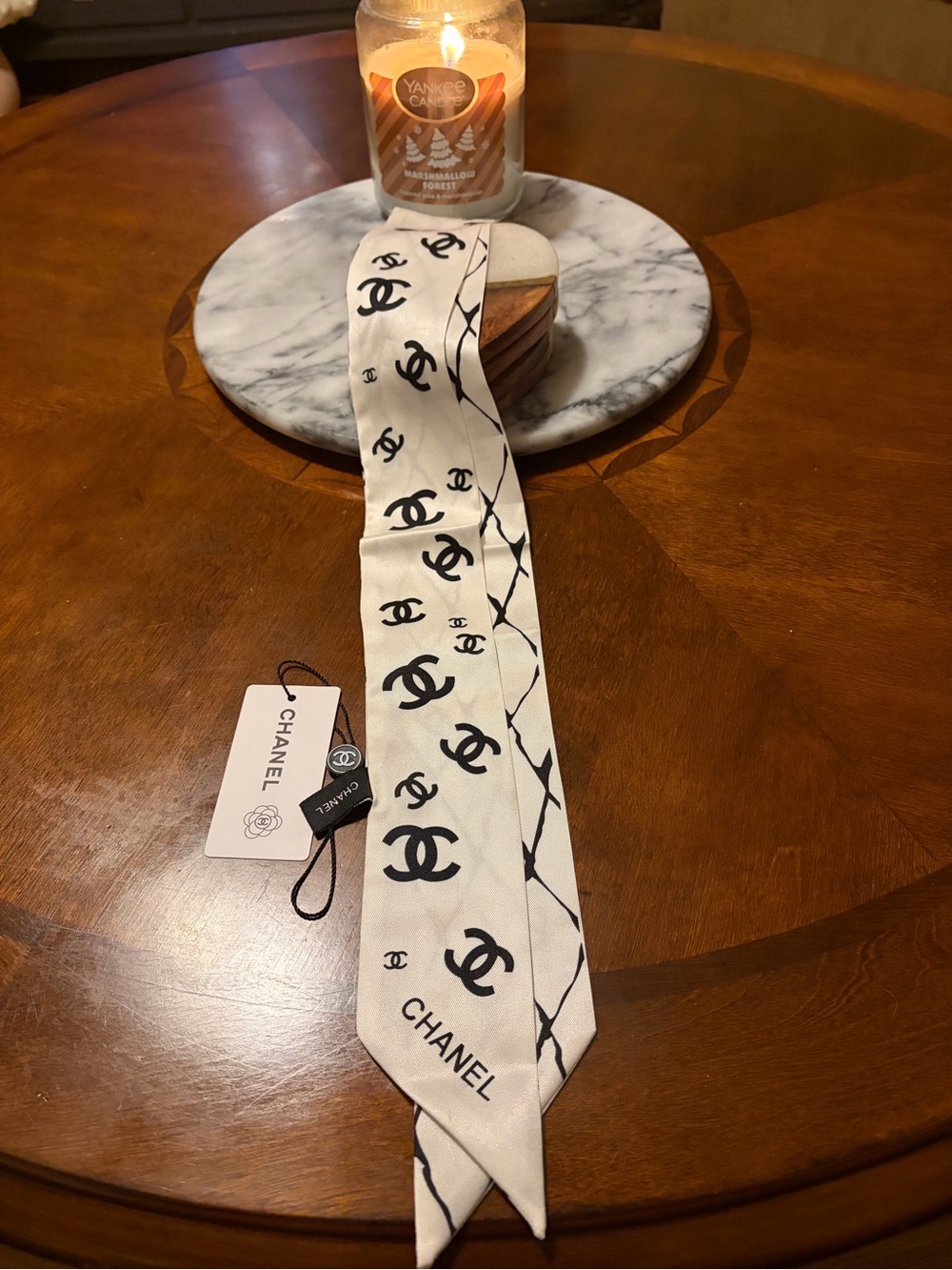 CHANEL white  & Black Silk Twilly Scarf